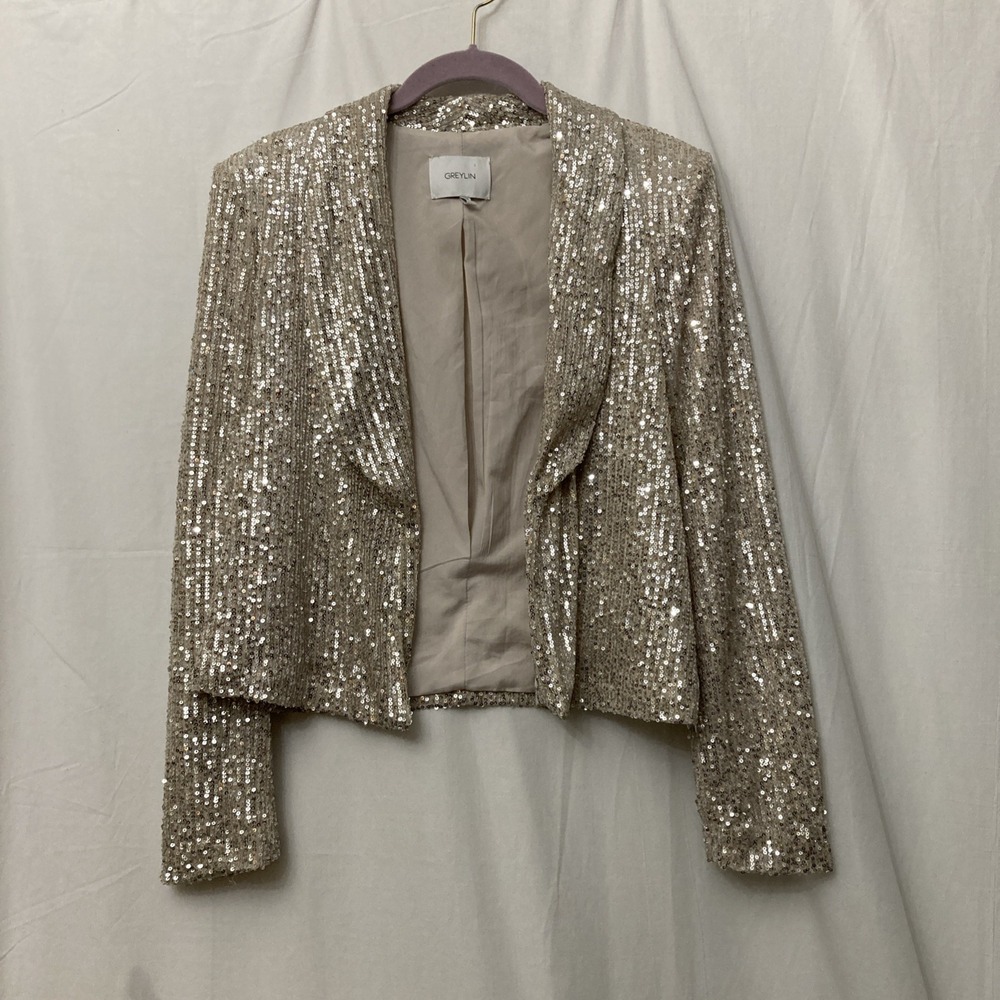 Anthropologie GREYLIN Women's Beige Sequin Open Front Short Jacket -‎ SZ S